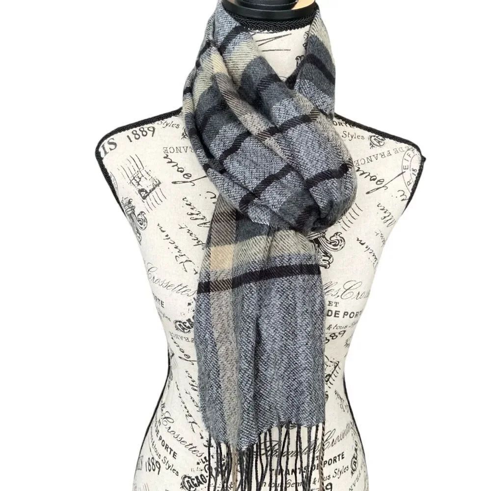 L’ accessorio Italiano Acrylic Brown & Gray Plaid Fringed Scarf Unisex